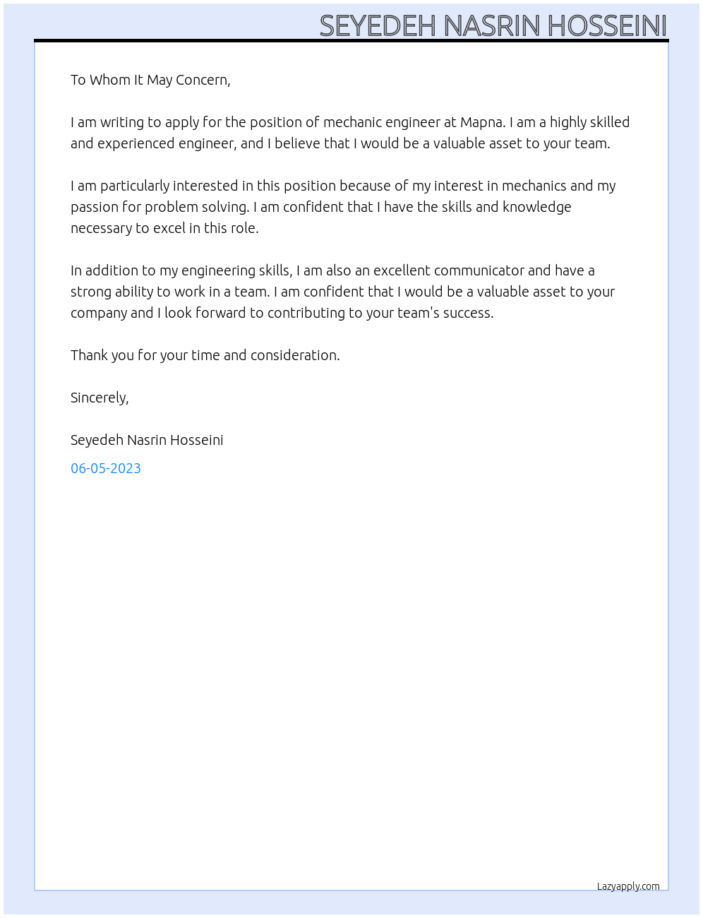  mechanic engineer At Mapna Cover Letter