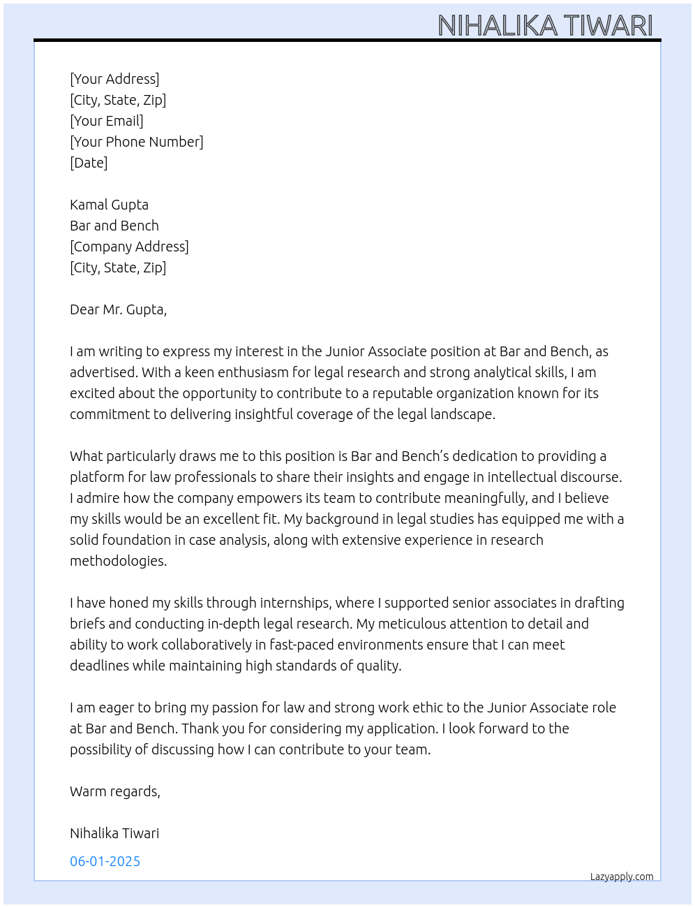 Junior associate At Bar and bench Cover Letter