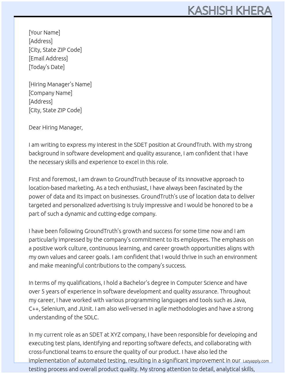 SDET At GroundTruth Cover Letter