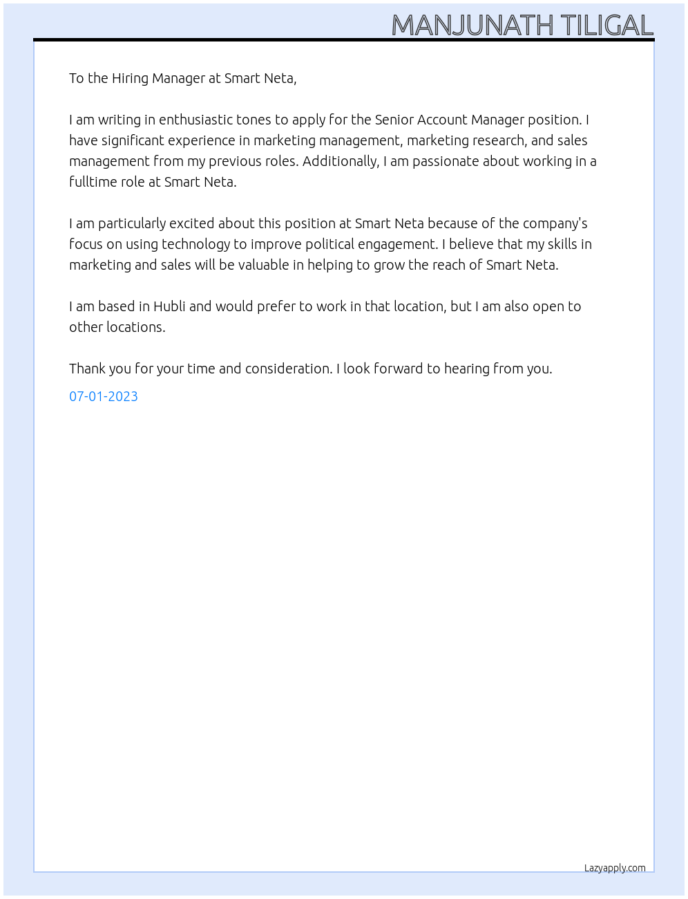 Senior account manager At Smart Neta Cover Letter
