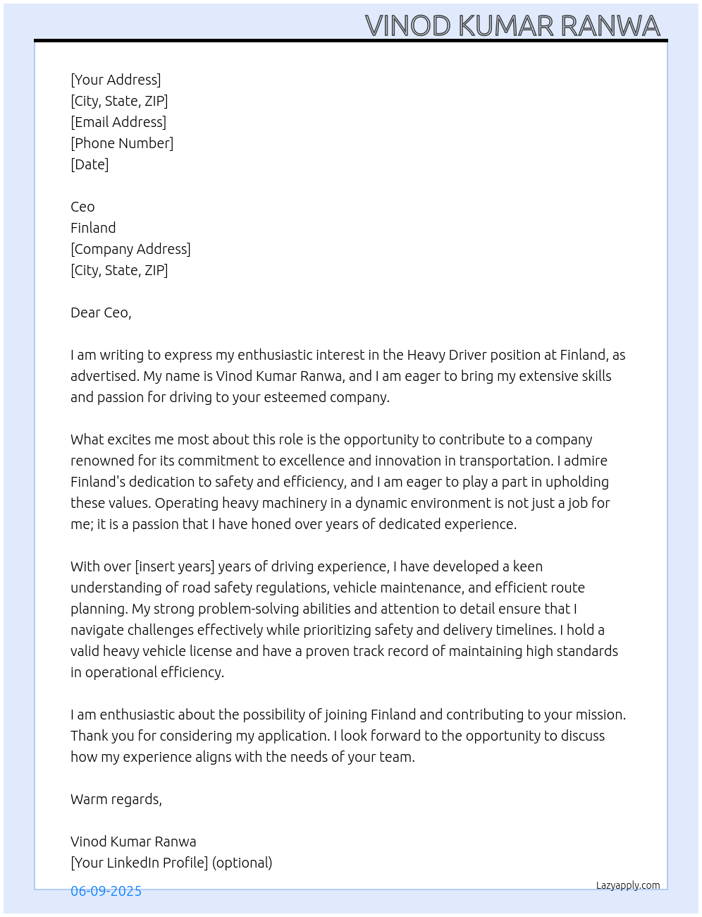 Heavy driver At Finland Cover Letter
