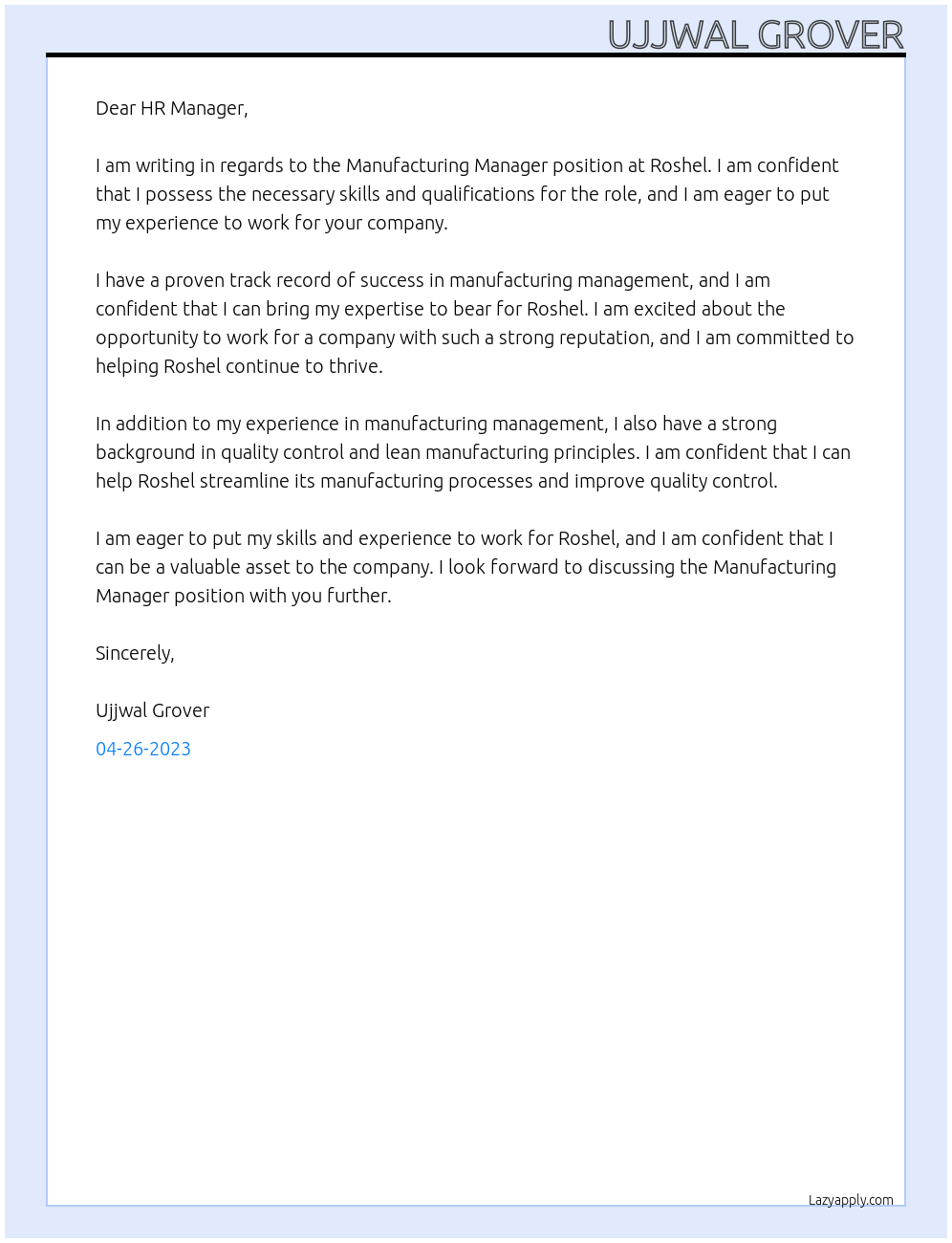 manufacturing manager At Roshel Cover Letter