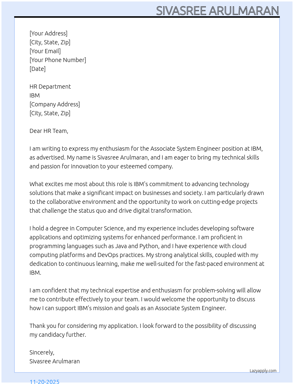 Associate System engineer At IBM Cover Letter