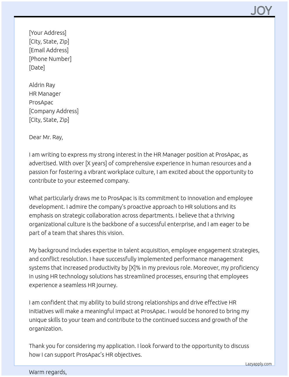 HR Manager  At ProsApac Cover Letter