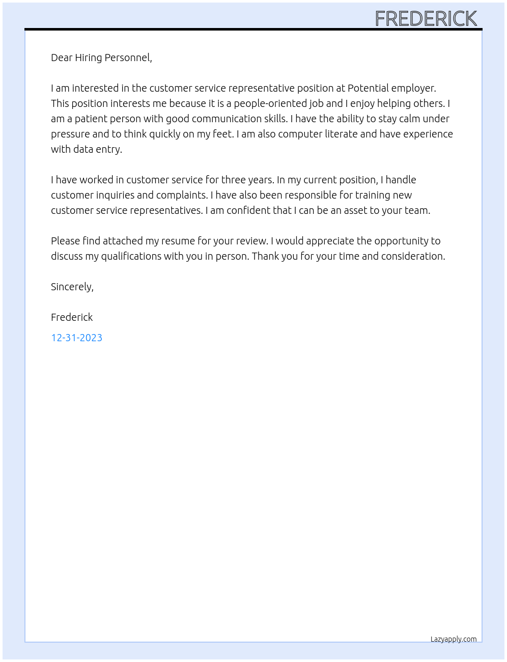 Customer service rep At Potential employer Cover Letter