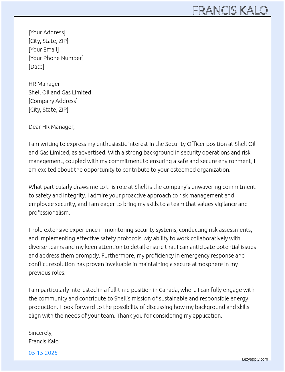 Security officer  At Shell Oil and Gas Limited  Cover Letter