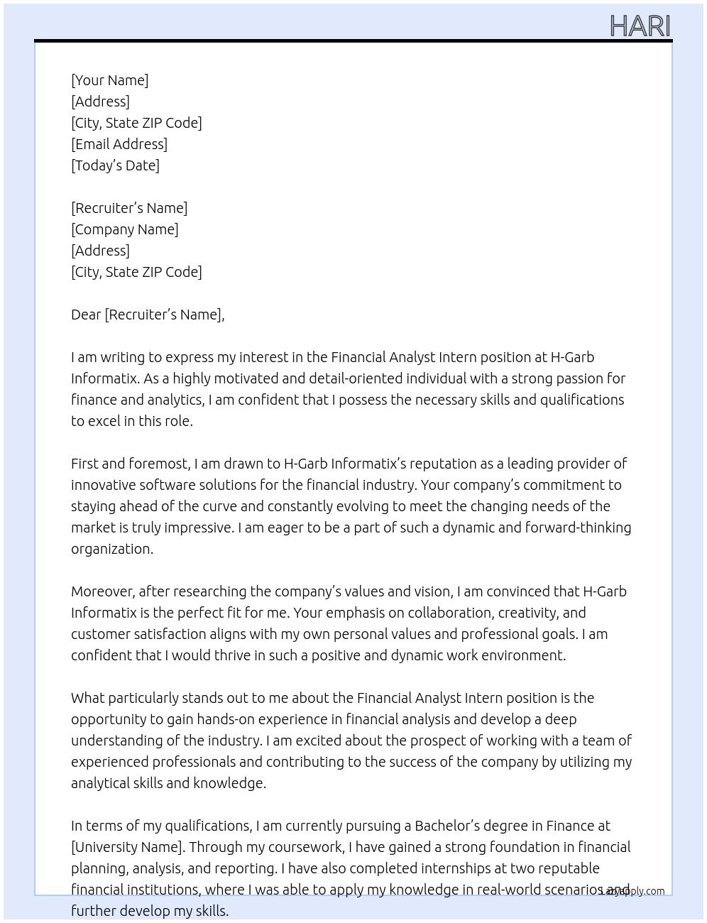 Financial analyst intern At H-Garb Informatix Cover Letter