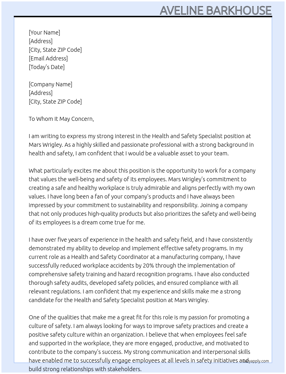 Health and Safety Specialist At Mars Wrigley Cover Letter