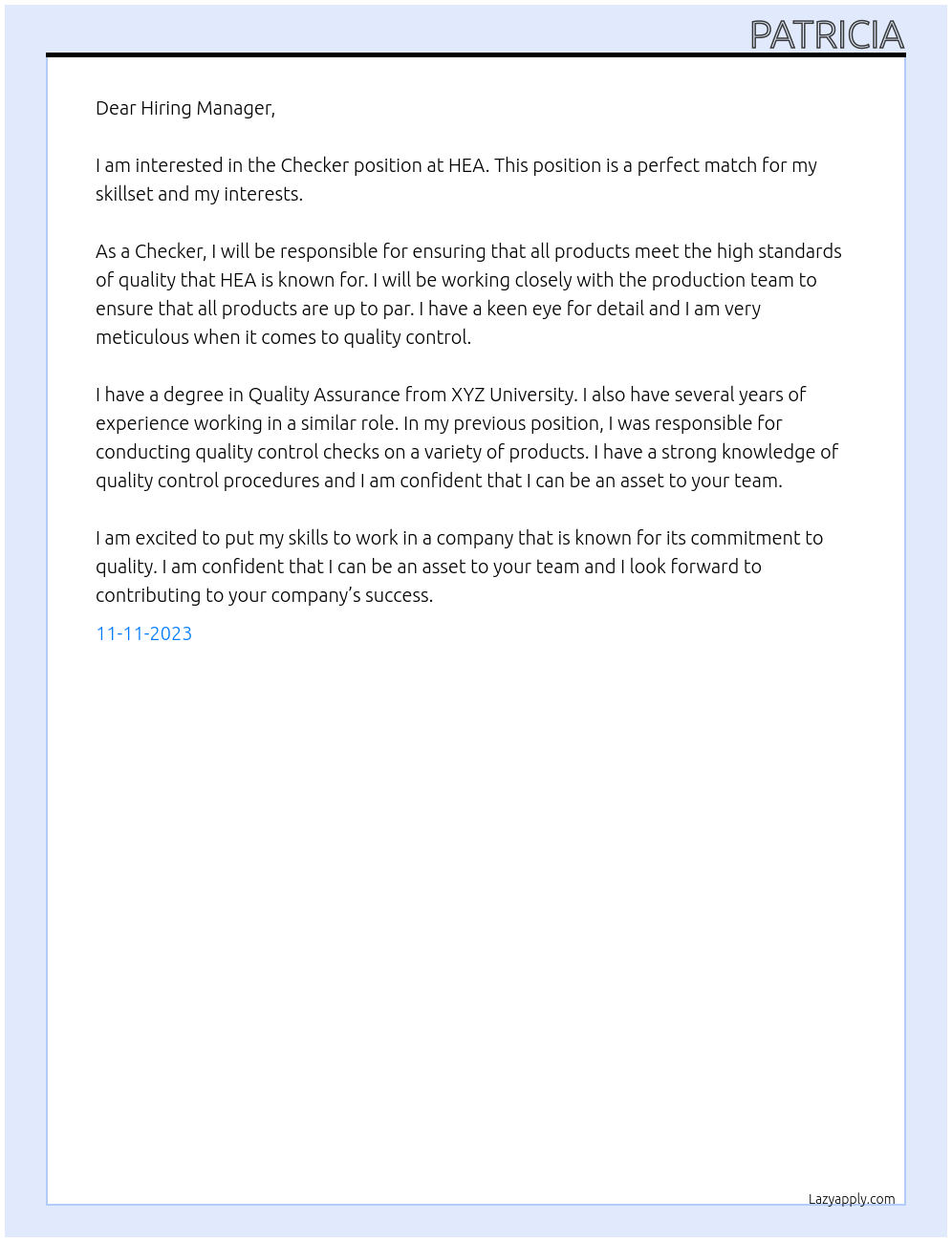 Checker At HEA Cover Letter