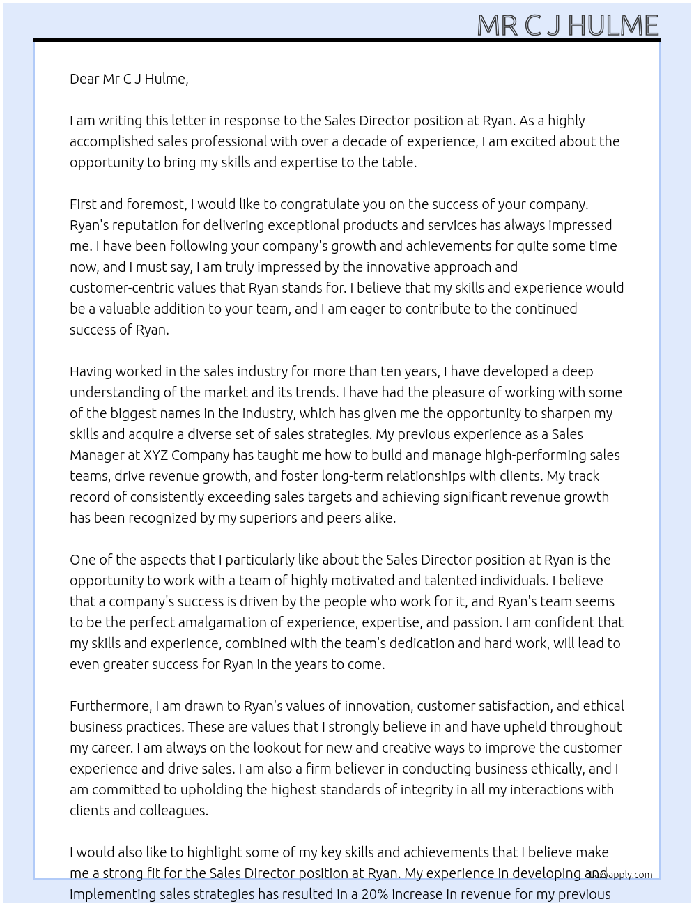 Sales Director  At Ryan Cover Letter