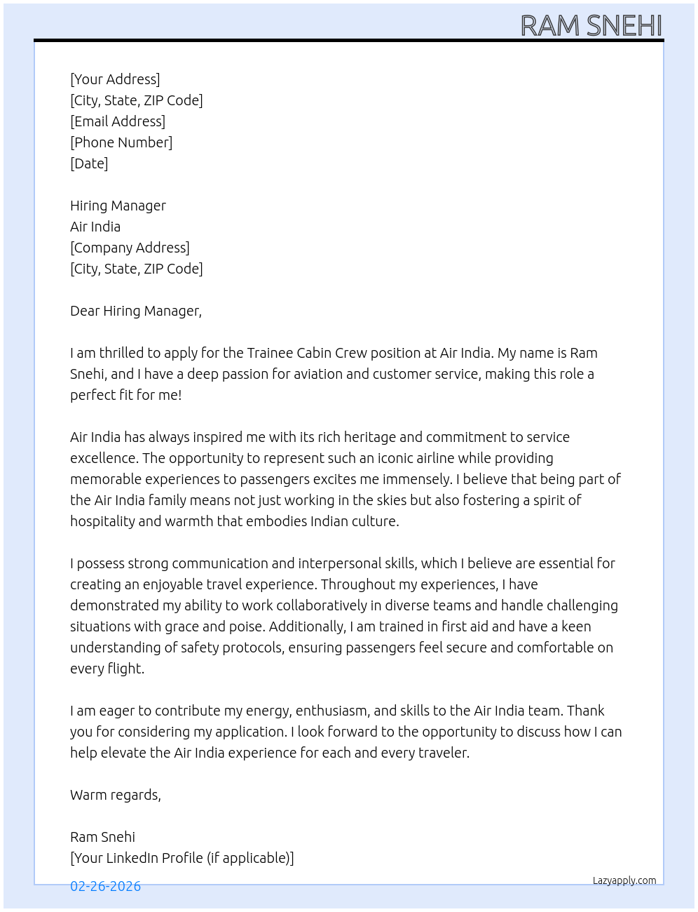 Trainee Cabin Crew At Air India Cover Letter