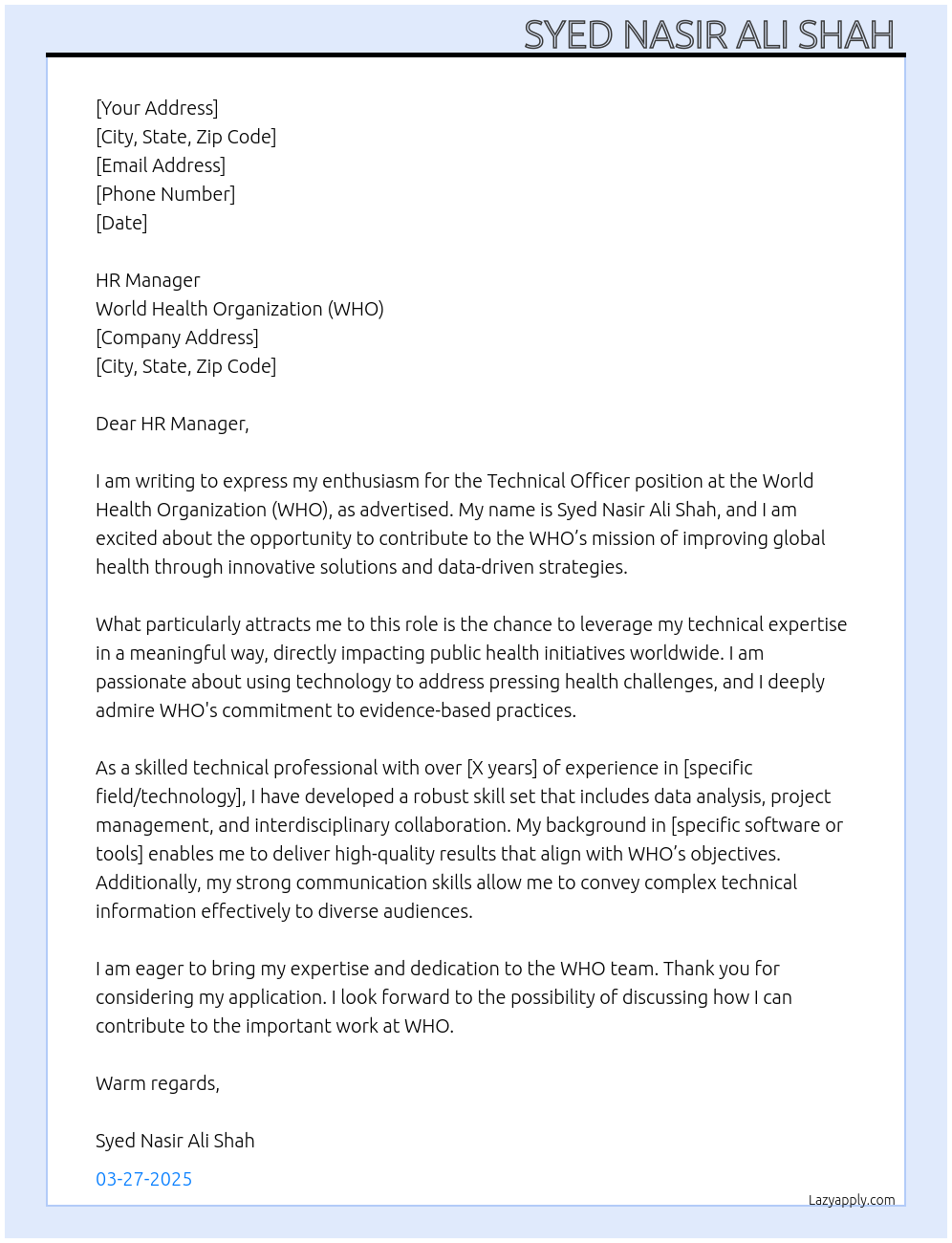 technical officer  At WHO Cover Letter