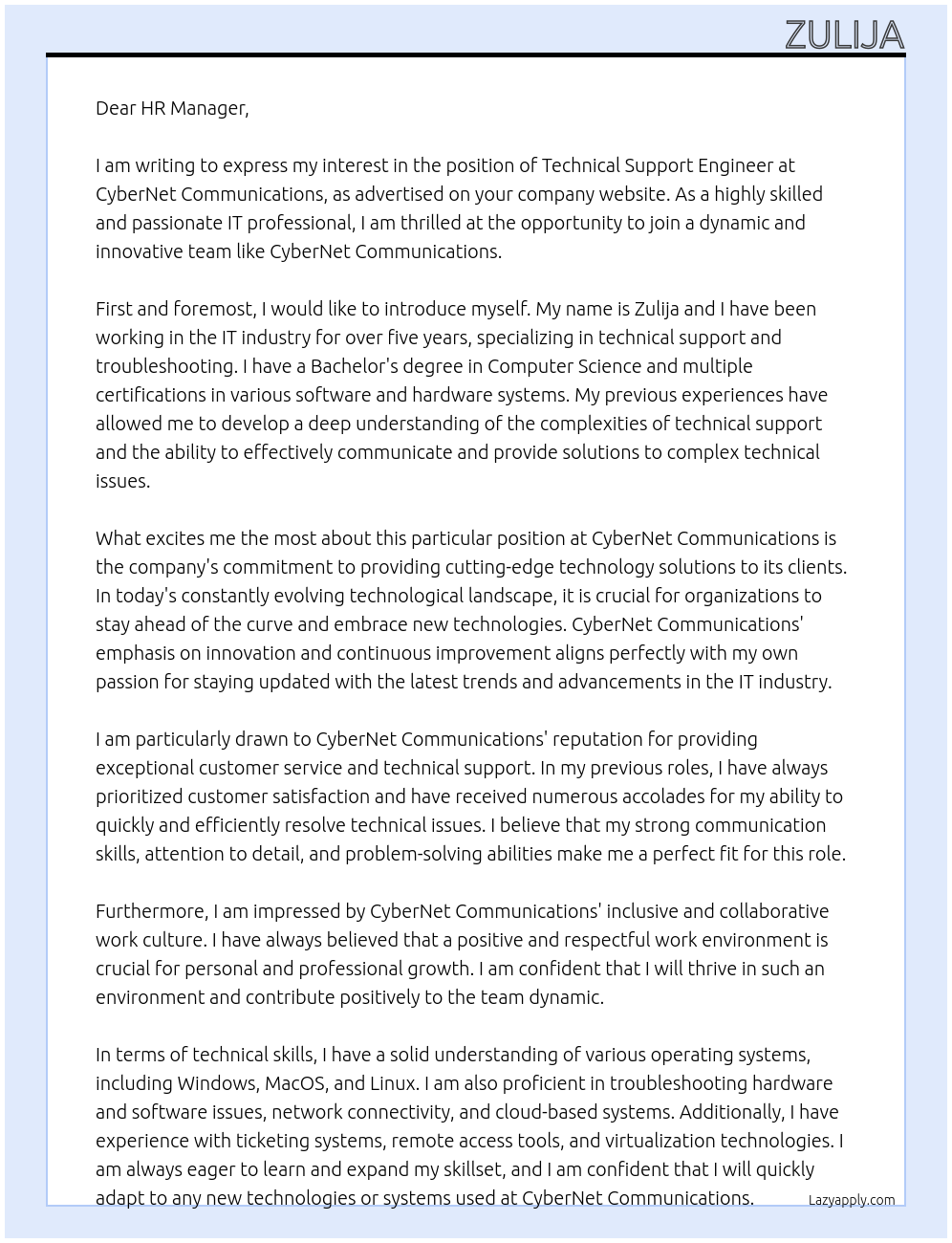 Technical Support Engineer At CyberNet Communications Cover Letter