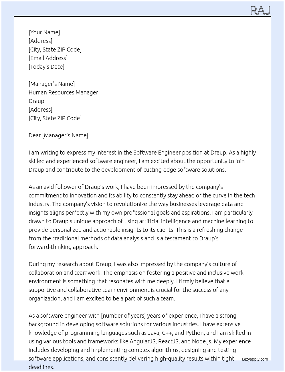 Software Engineer  At Draup Cover Letter