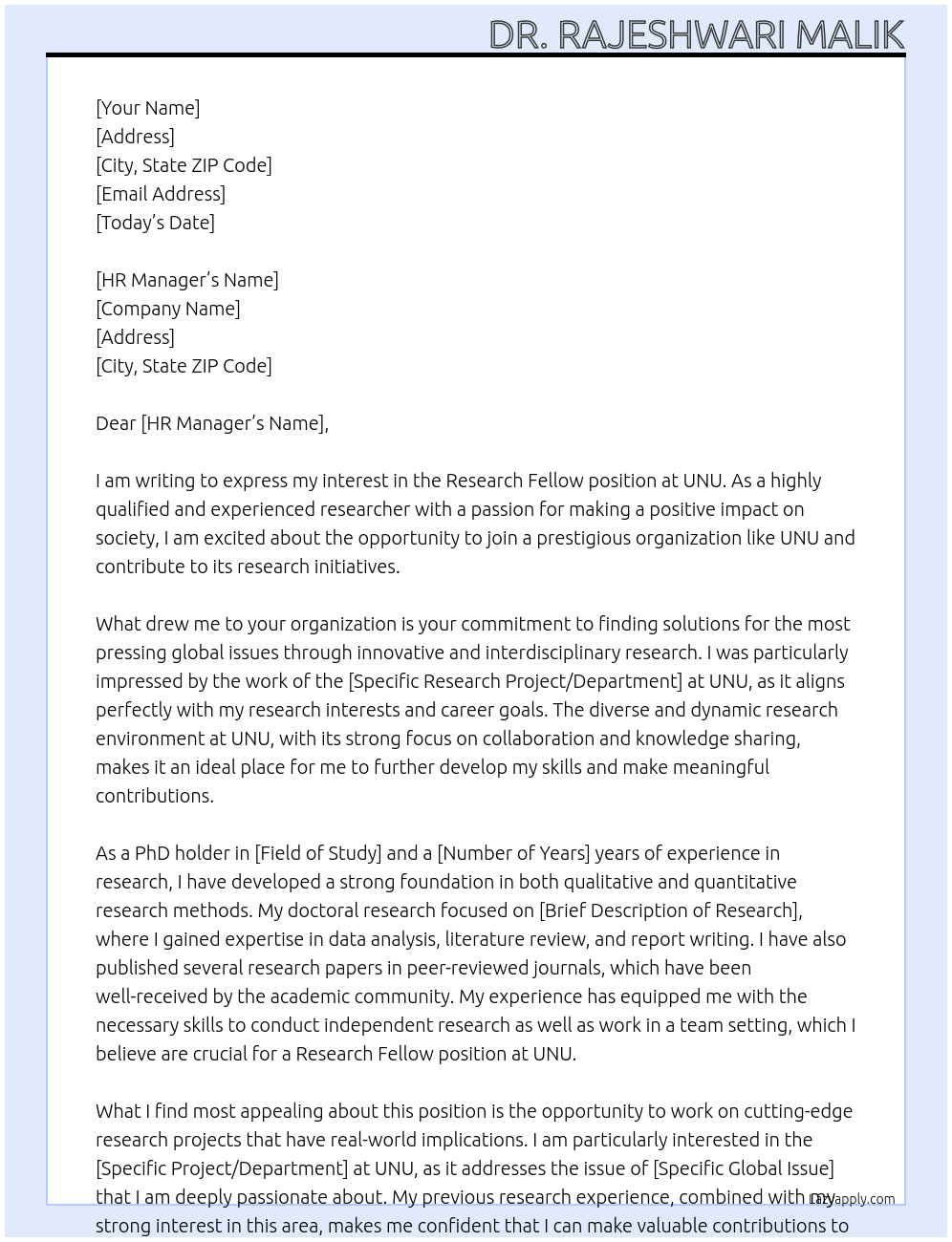 Research Fellow At UNU Cover Letter