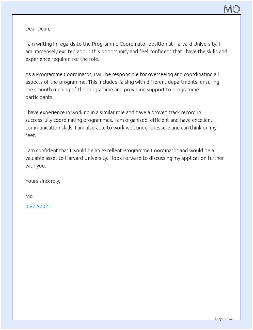 Programme Coordinator At havard university Cover Letter