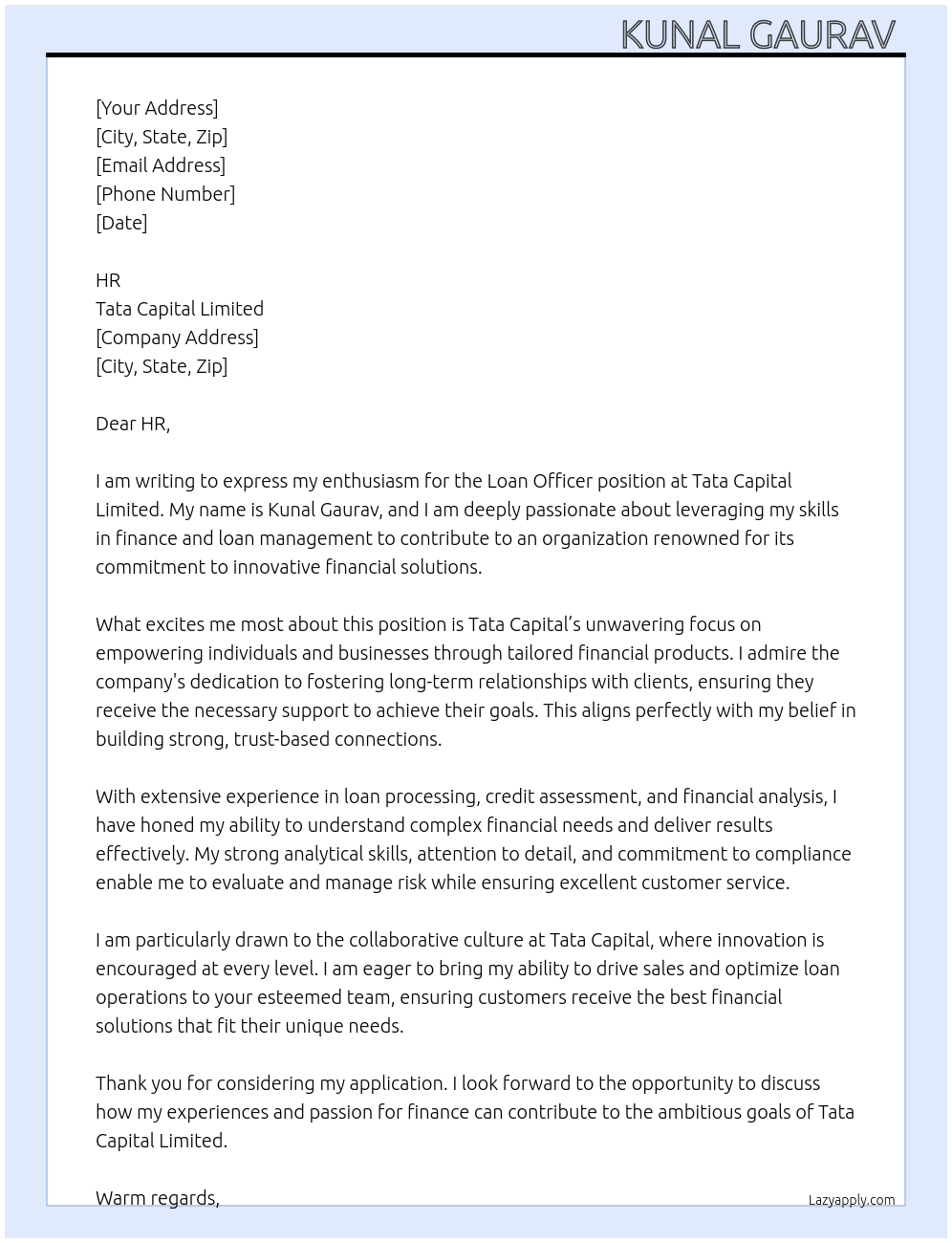Cover letter for loan officer - LazyApply