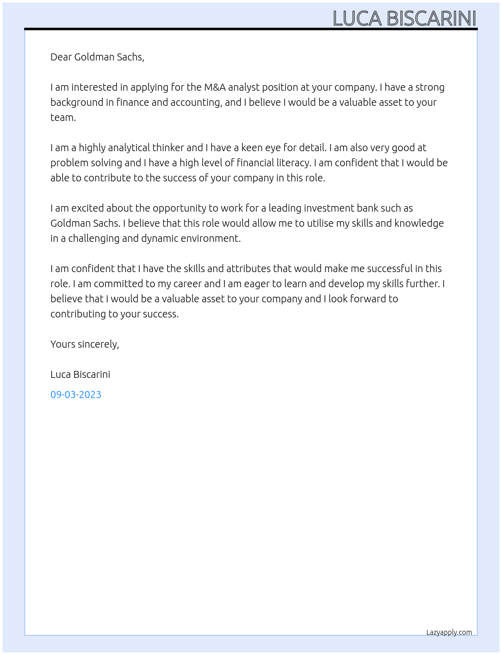 M&A analyst At Goldman Sachs Cover Letter