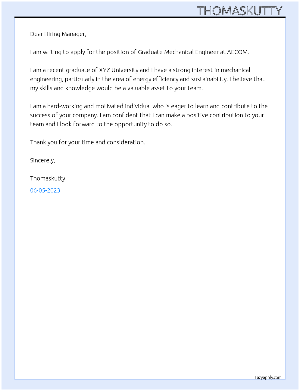 Graduate Mechanical Engineer At AECOM Cover Letter