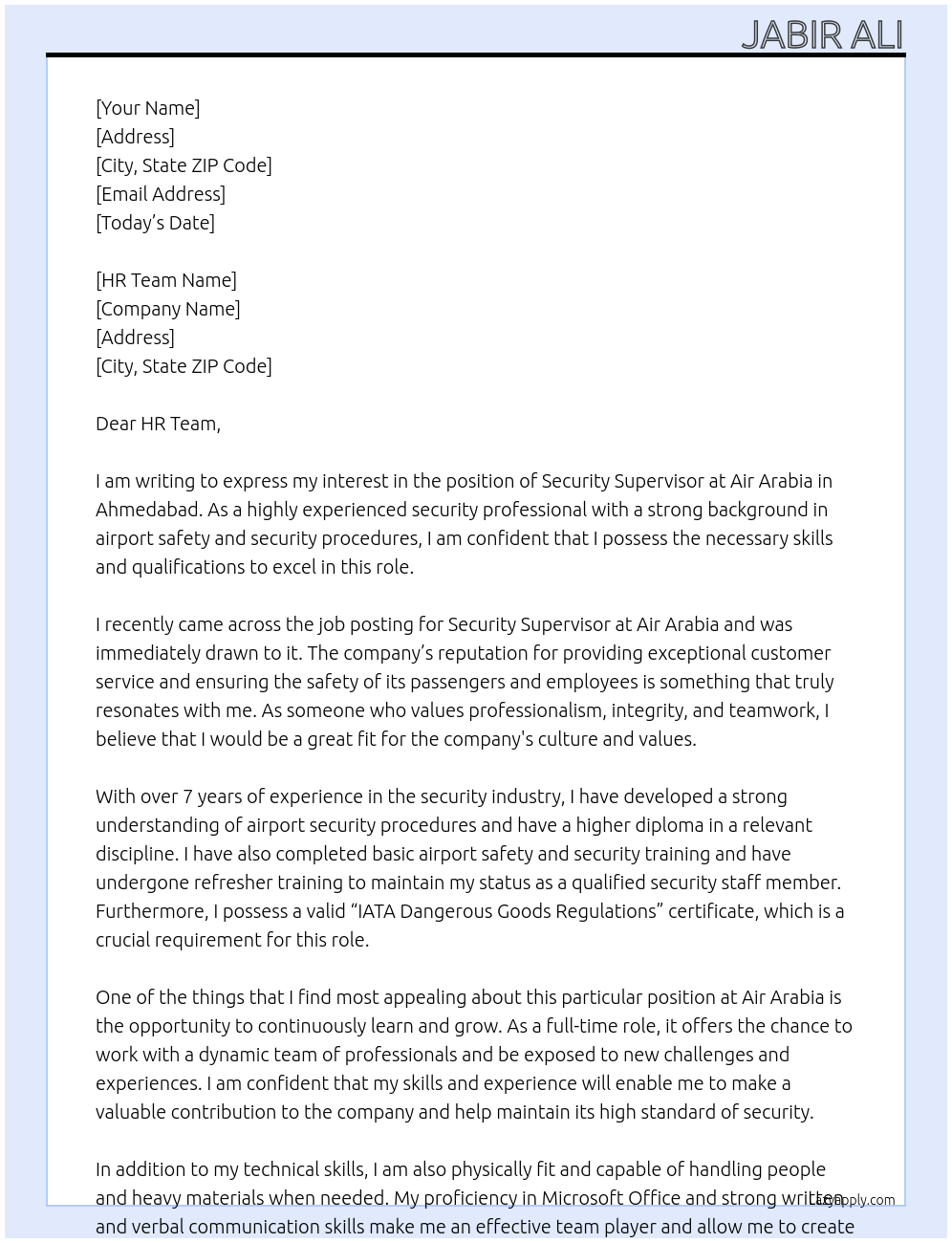SECURITY SUPERVISOR At AIR ARABIA Cover Letter