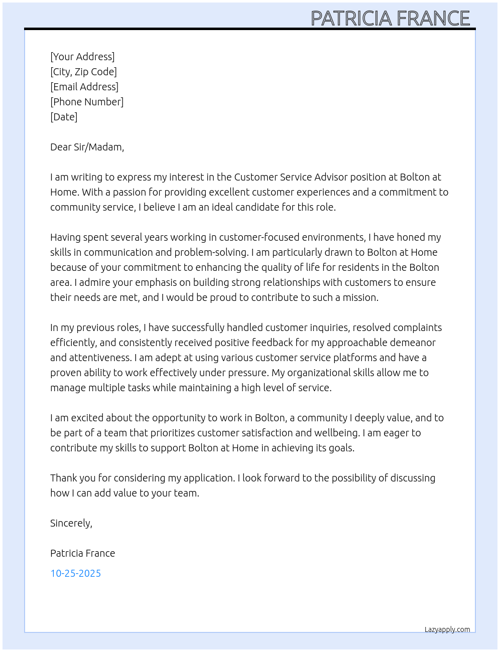 Customer Service Advisor At Bolton at Home Cover Letter