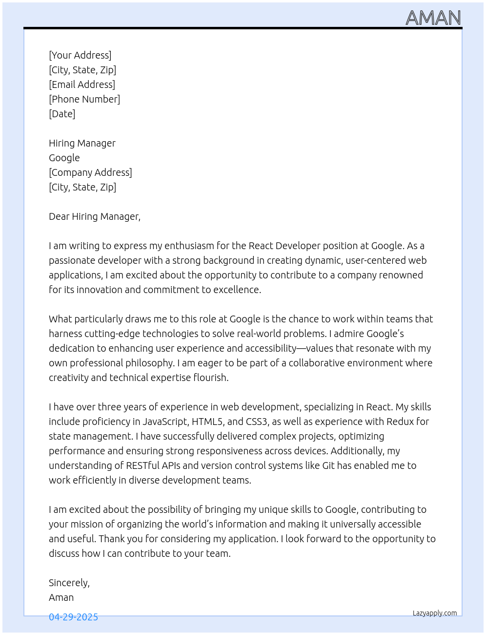 React Job At Google Cover Letter