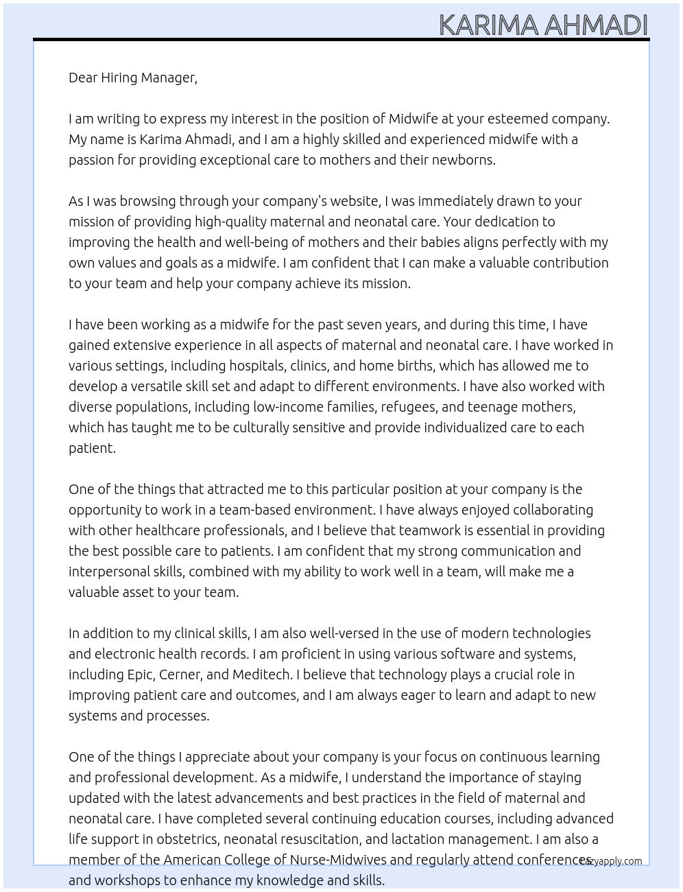 Midwife  At () Cover Letter