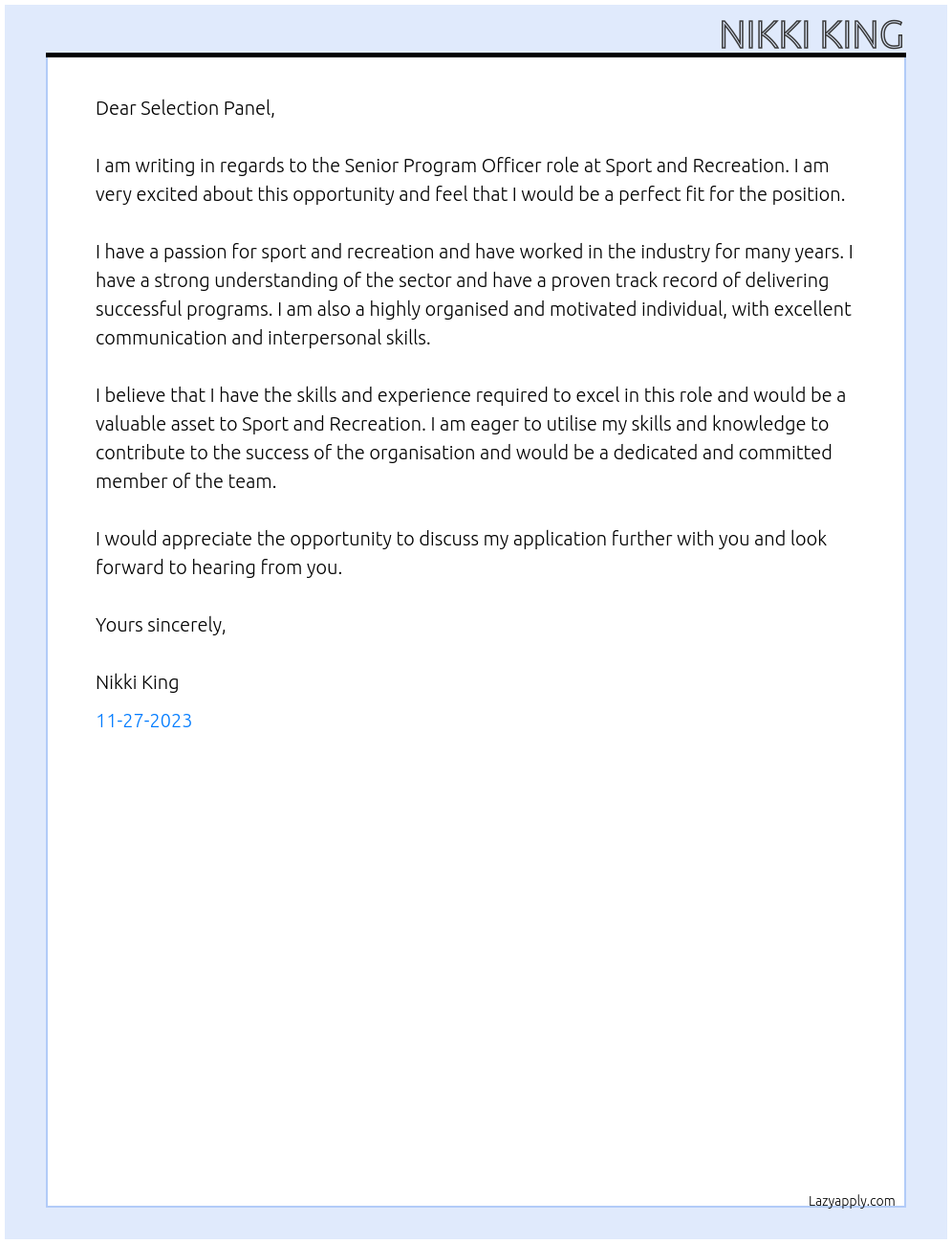 Senior Program Officer At Sport and Recreation Cover Letter