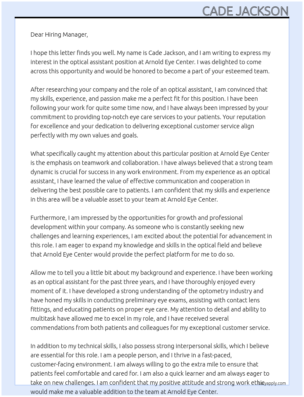 optical assistant At Arnold Eye Center Cover Letter