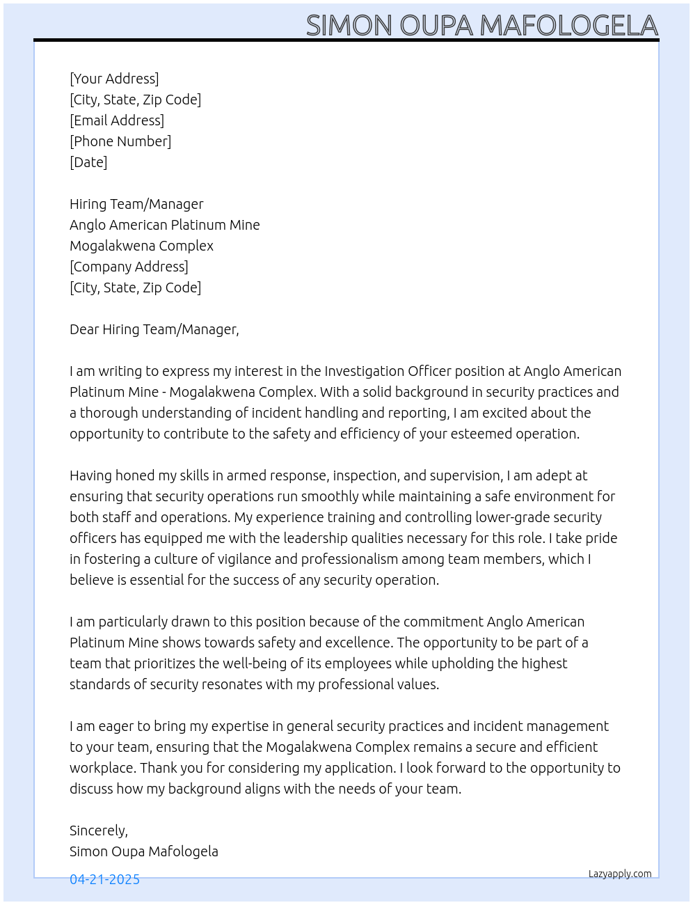 Investigation Officer At Anglo American Platinum Mine - Mogalakwena Complex Cover Letter