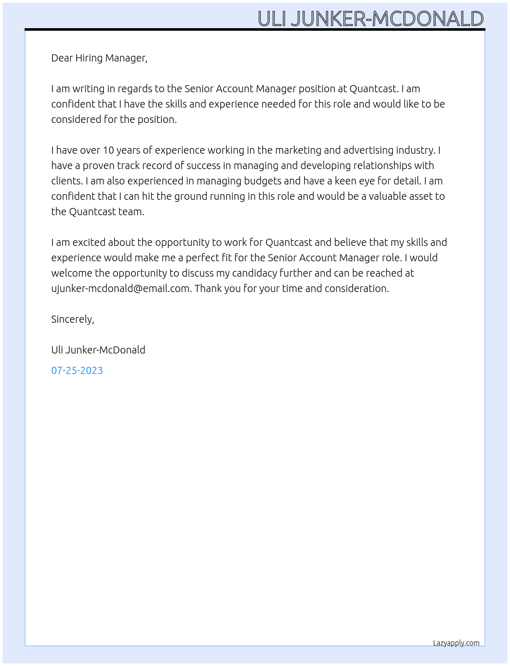 Senior Account Manager At Quantcast Cover Letter