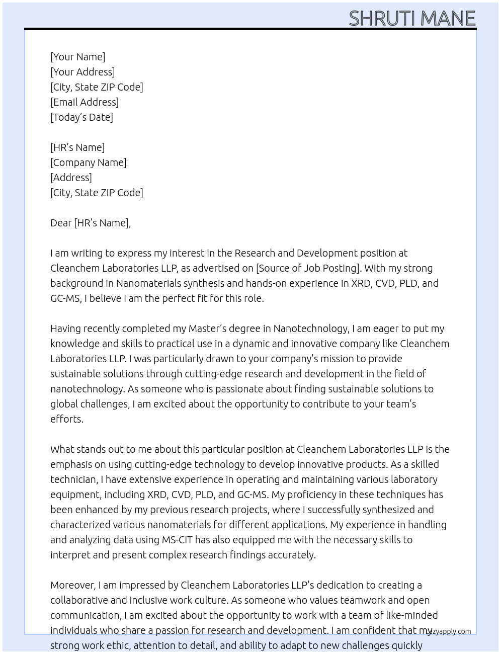 research and development At Cleanchem Laboratories LLP Cover Letter