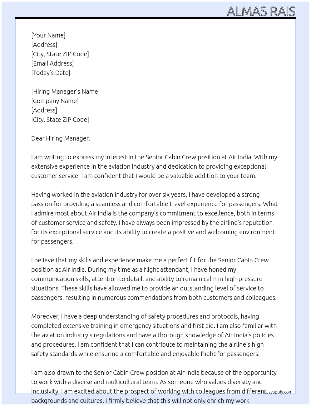 Senior Cabin Crew At Air India Cover Letter