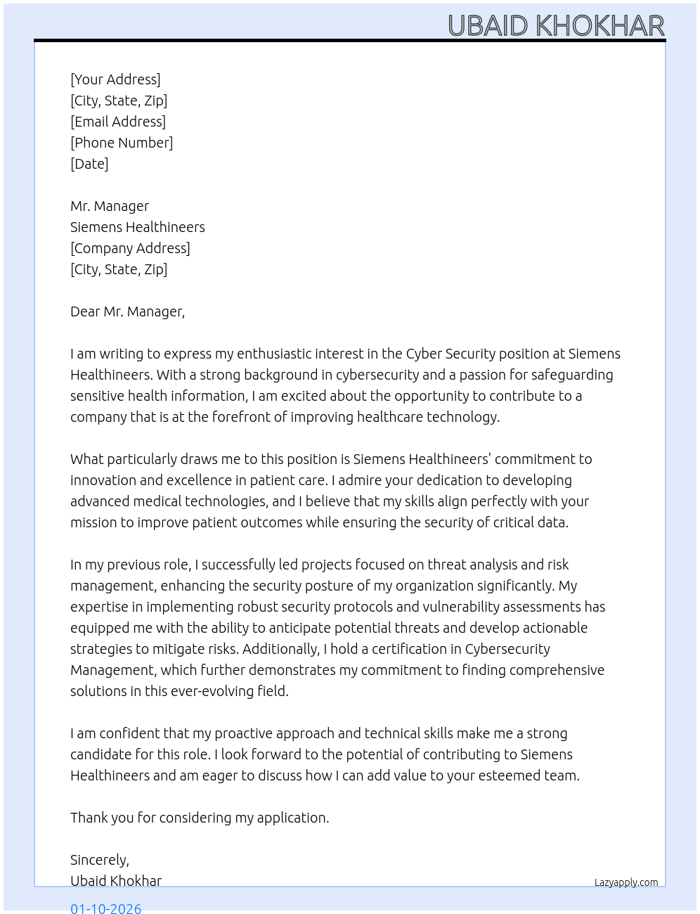 cyber security At Siemens healthineers Cover Letter