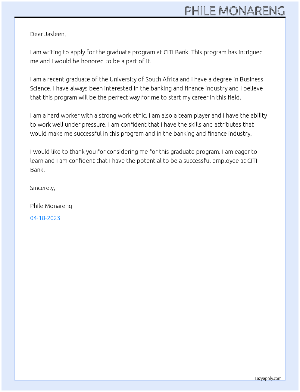 Graduate program At CITI Bank Cover Letter