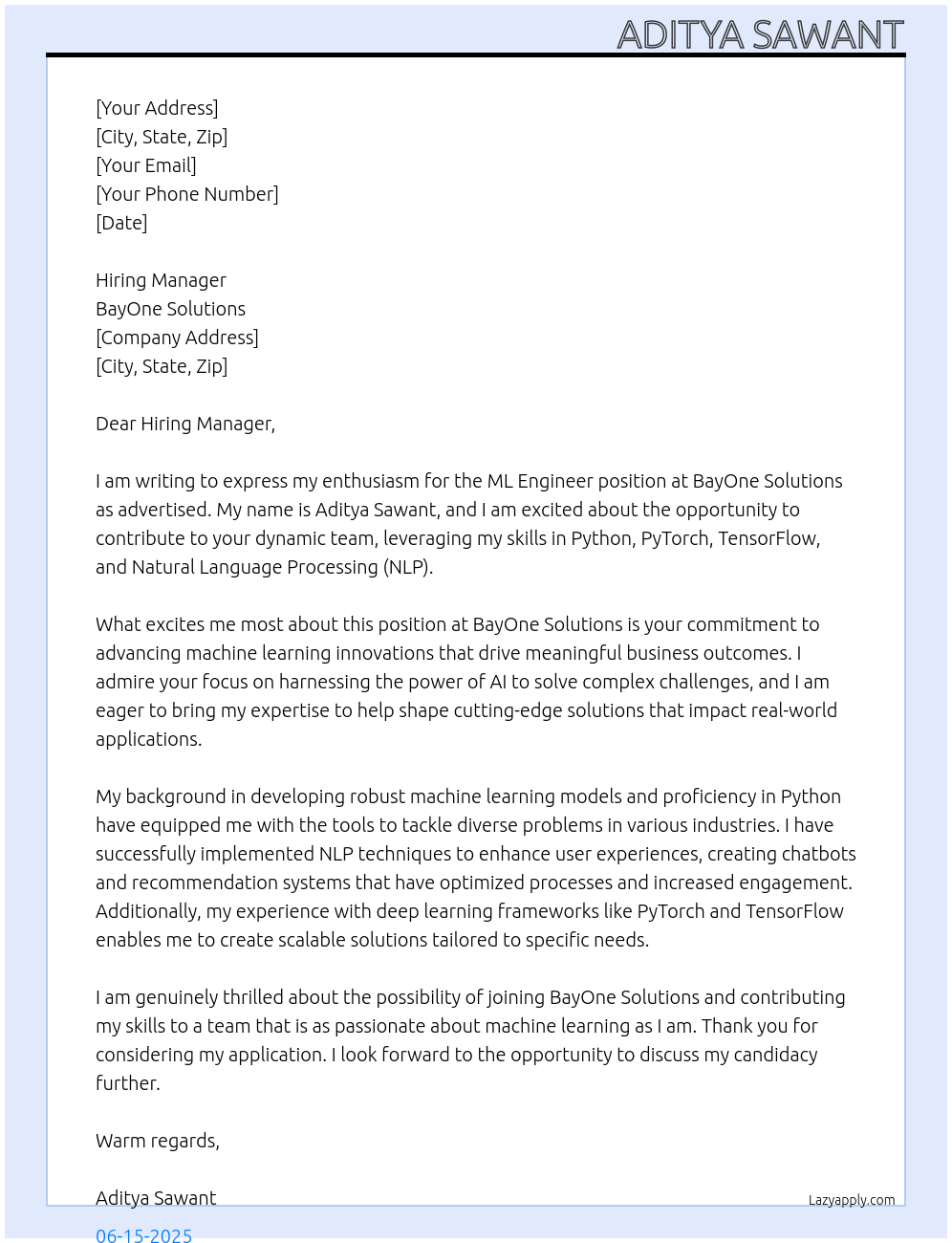 Cover letter for ml engineer - LazyApply
