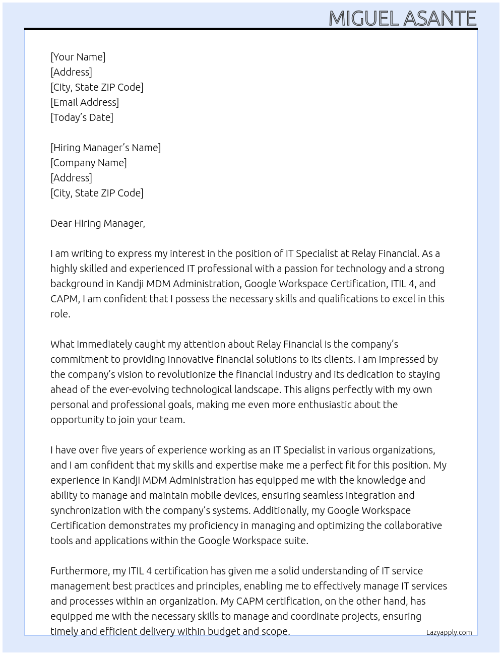 IT Specialist At Relay Financial Cover Letter