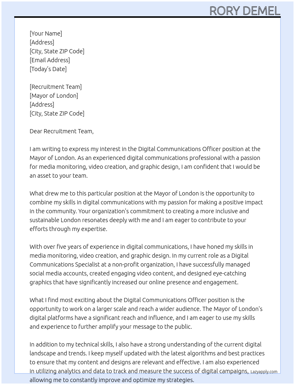Digital Communications Officer At Mayor of Lonndon Cover Letter