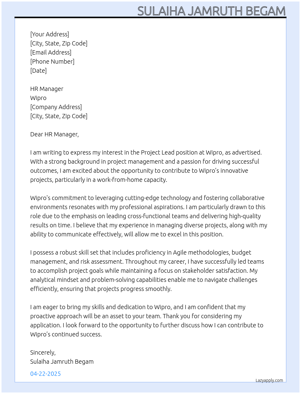 Project Lead At Wipro Cover Letter