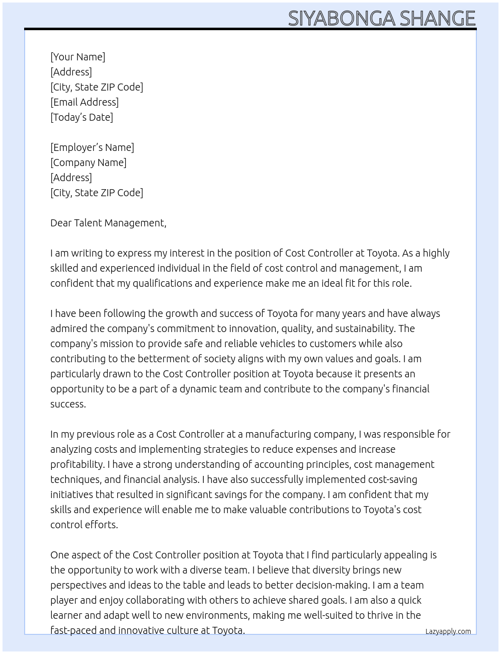 Cost Controller At TOYOTA Cover Letter
