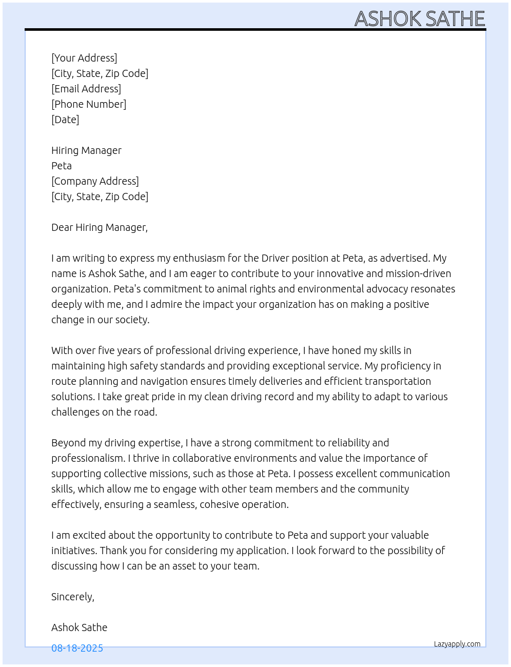 Driver At Peta Cover Letter