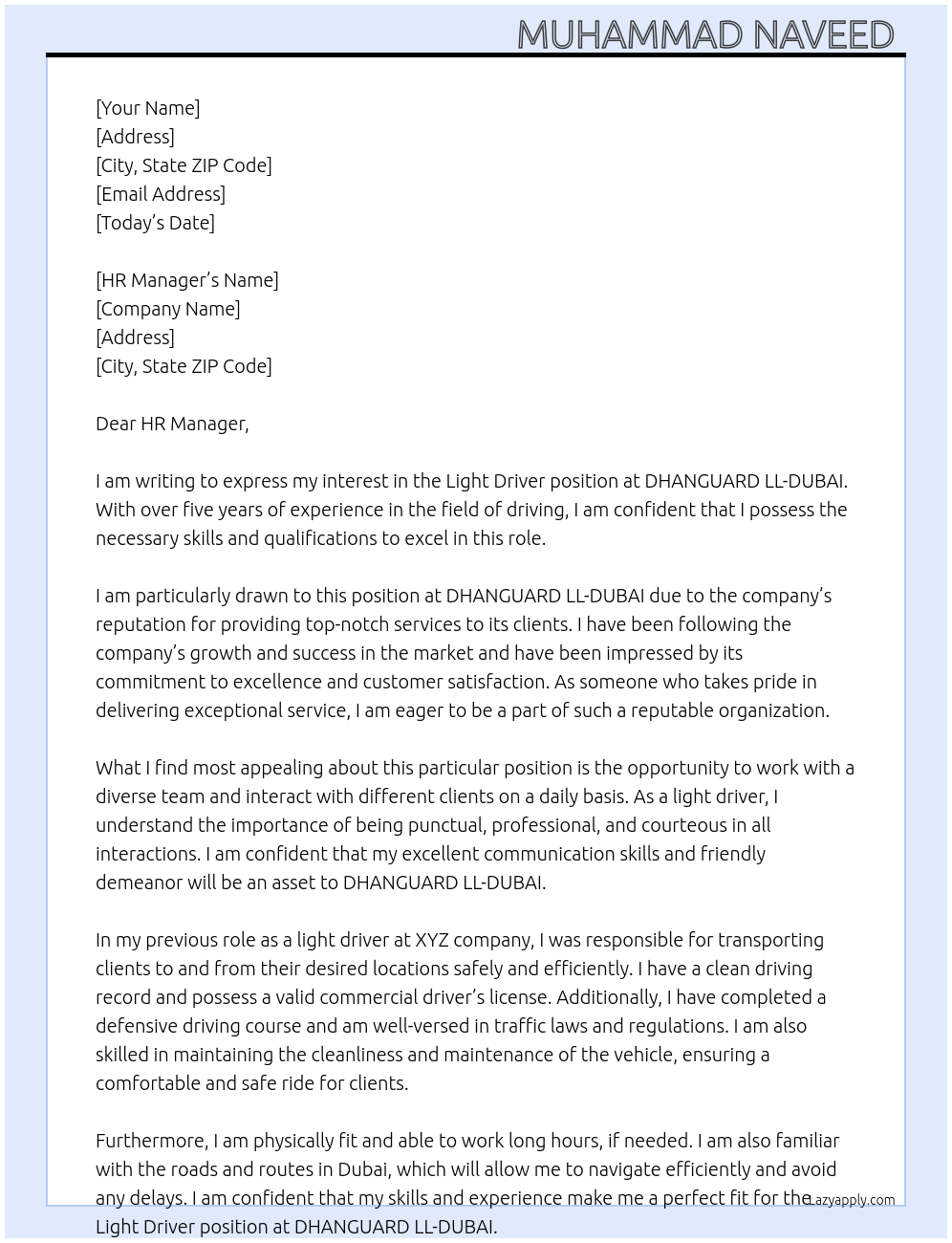 Light driver At DHANGUARD LL-DUBAI Cover Letter