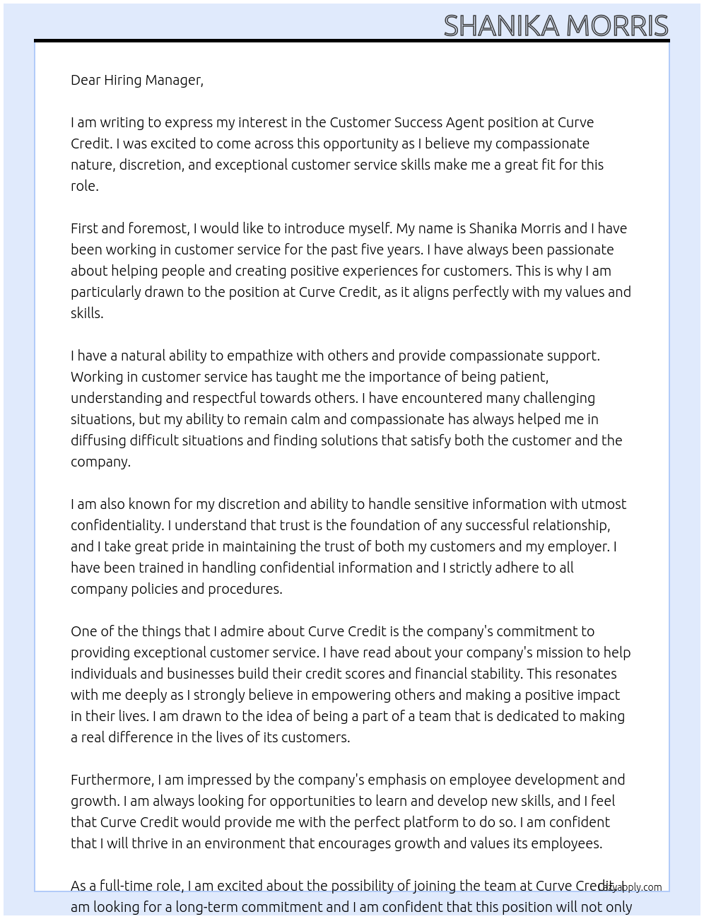 Customer Success Agent At Curve Credit Cover Letter