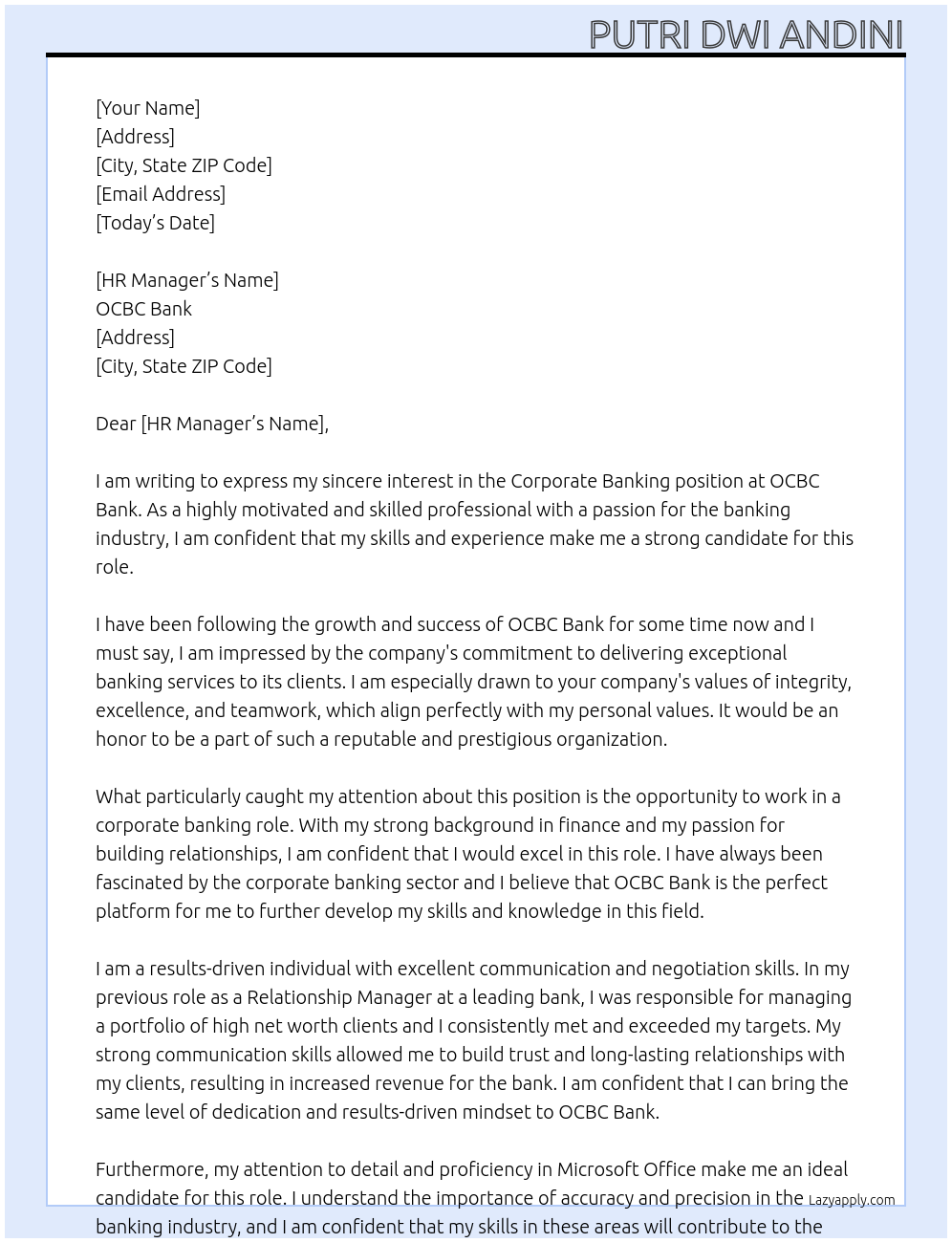 Corporate Banking At OCBC Bank Cover Letter