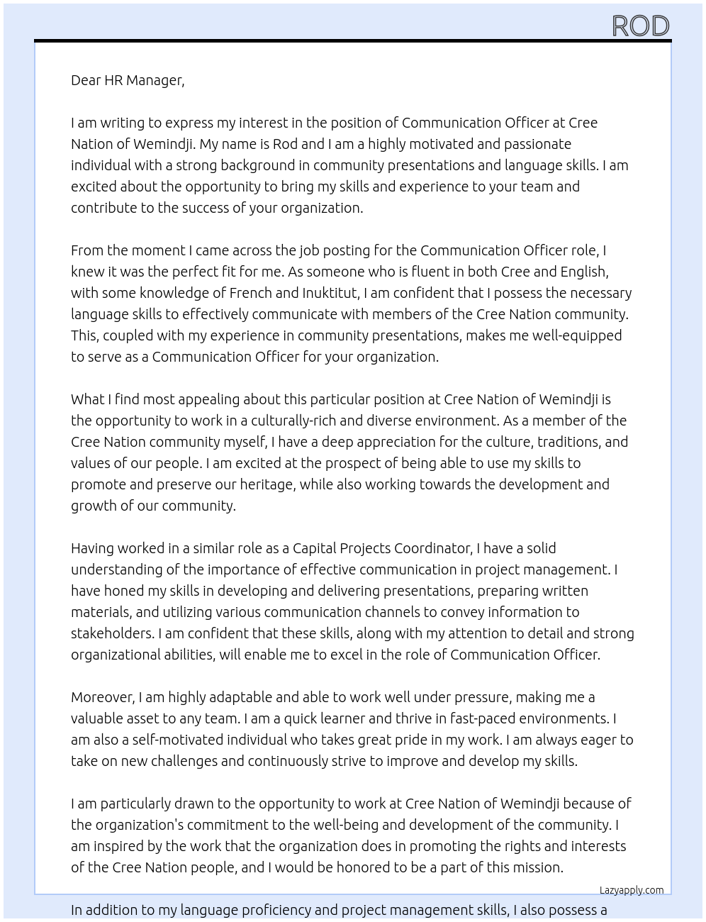 Communication Officer At Cree Nation of Wemindji Cover Letter