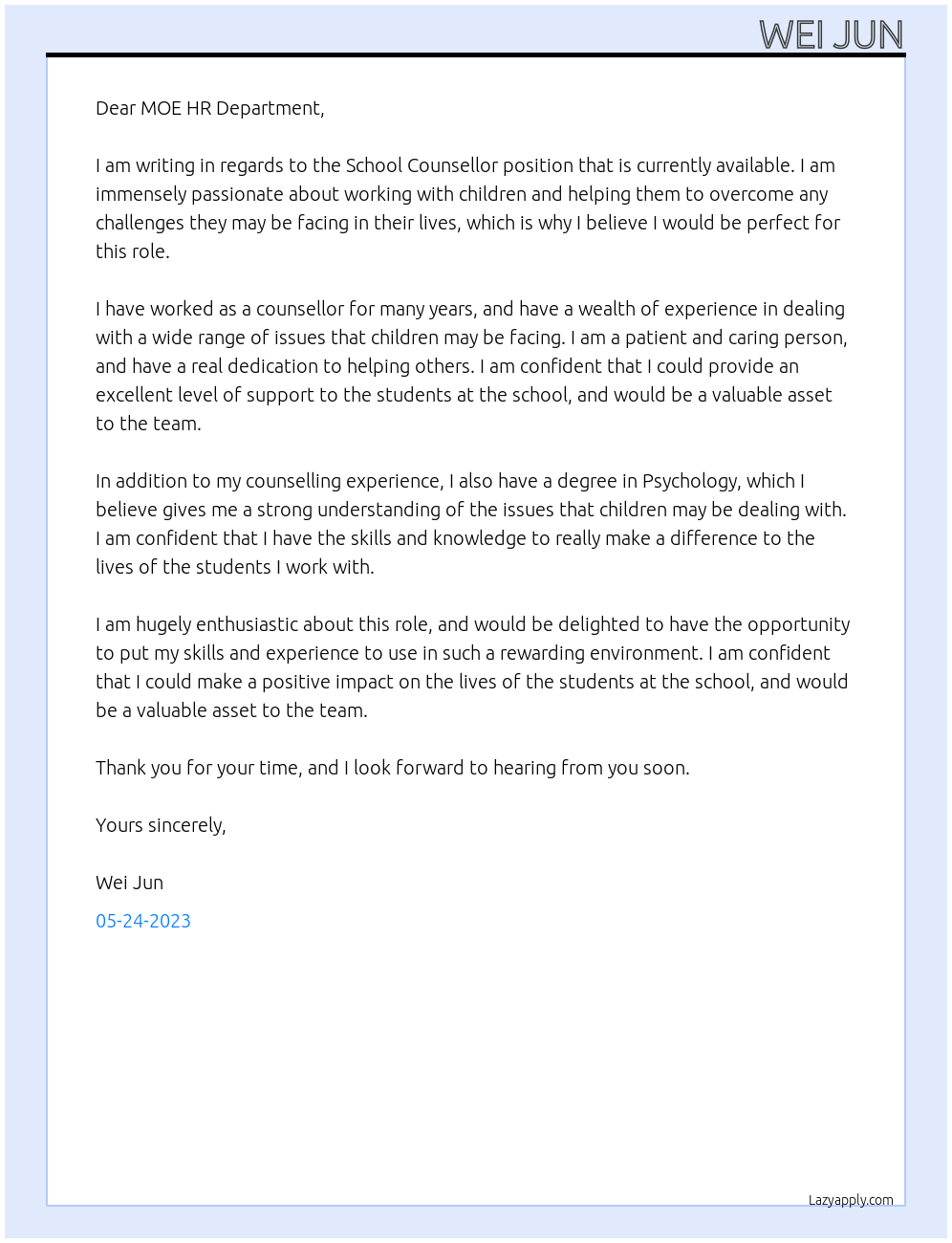 School Counsellor At Ministry of Education Cover Letter