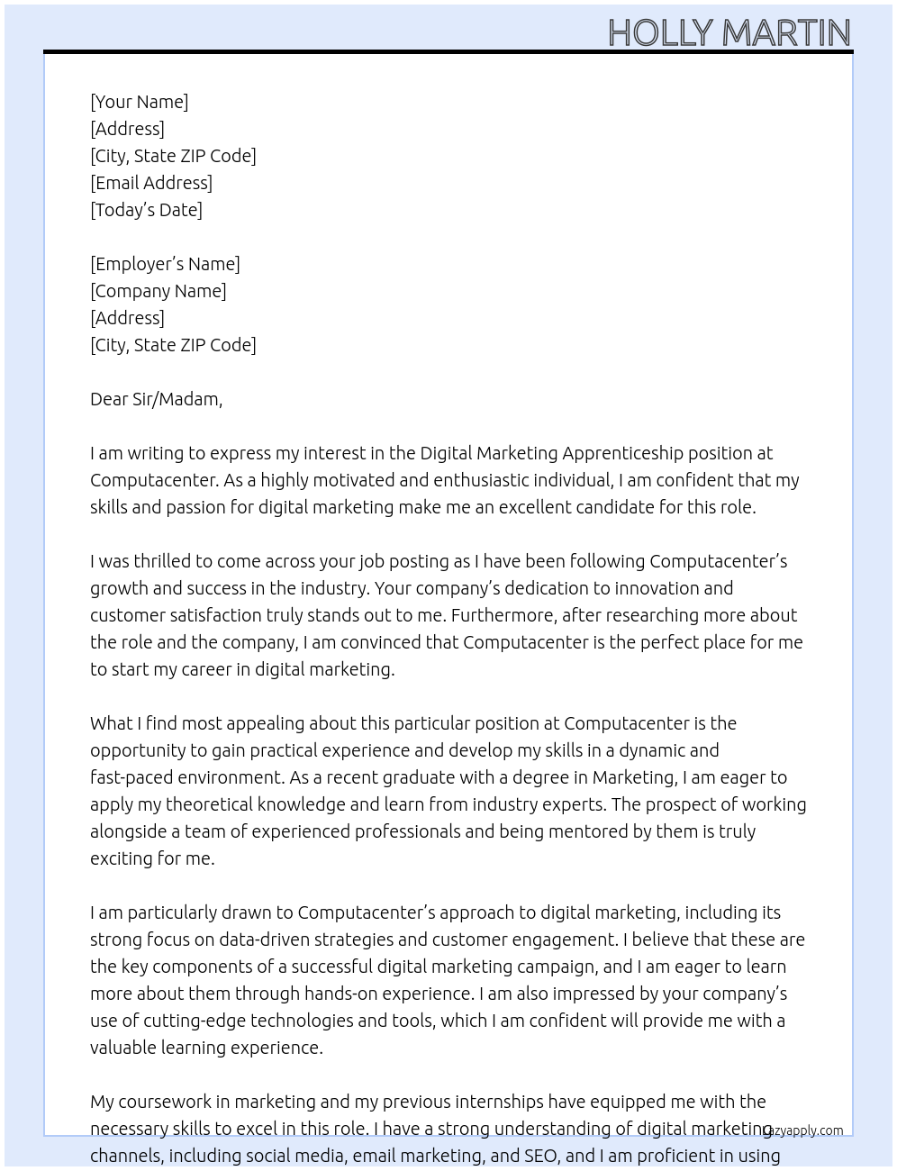Digital marketing apprenticeship At Computacenter Cover Letter
