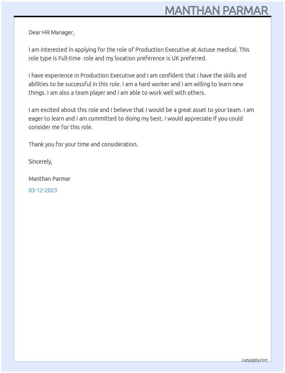 Production Executive At Actuse medical Cover Letter