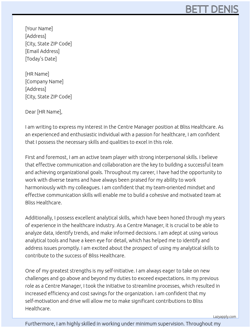 Centre manager At Bliss Healthcare Cover Letter