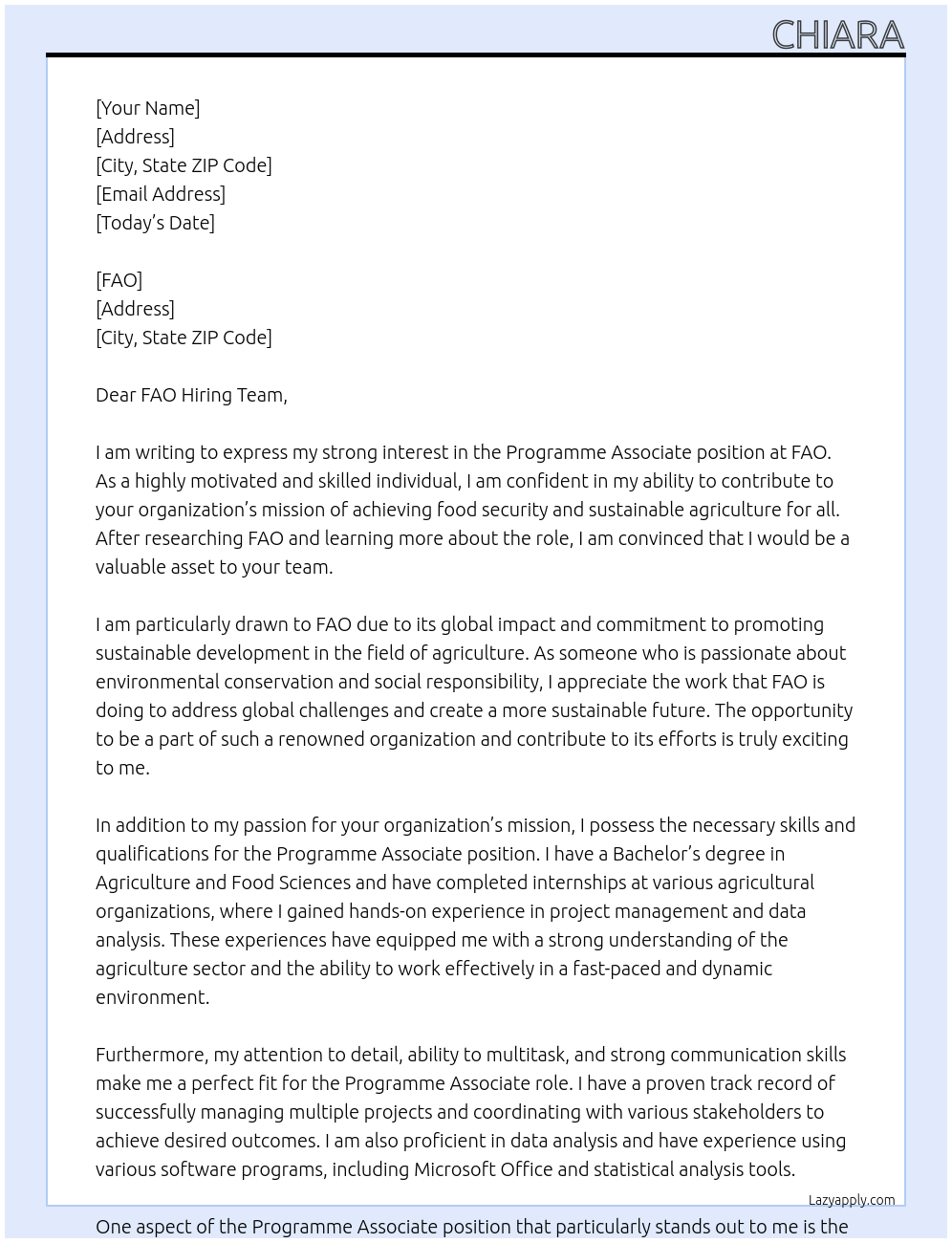 PROGRAMME ASSOCIATE At FAO Cover Letter